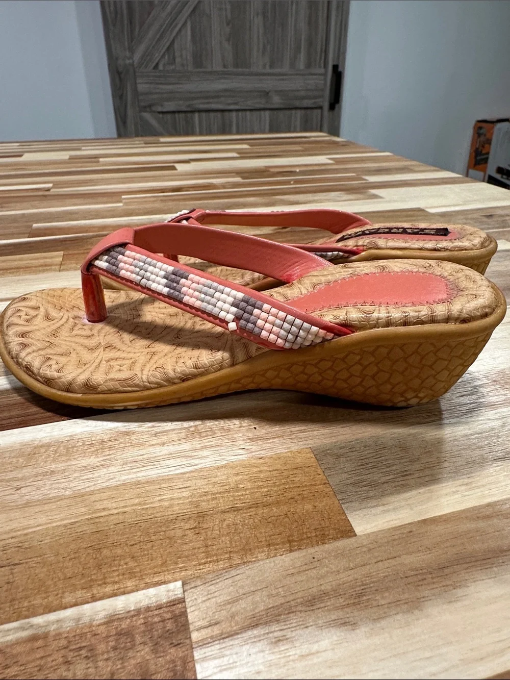 Coral Beaded Wedge Flip Sandals for Kids 478